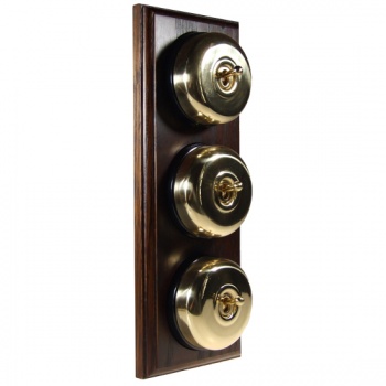 3 Gang 2 Way Dark Oak Wood, Polished Brass Dome Period Switch